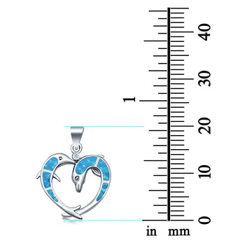 Dolphin Hearts Lab Created Blue Opal Charm Pendant 925 Sterling Silver